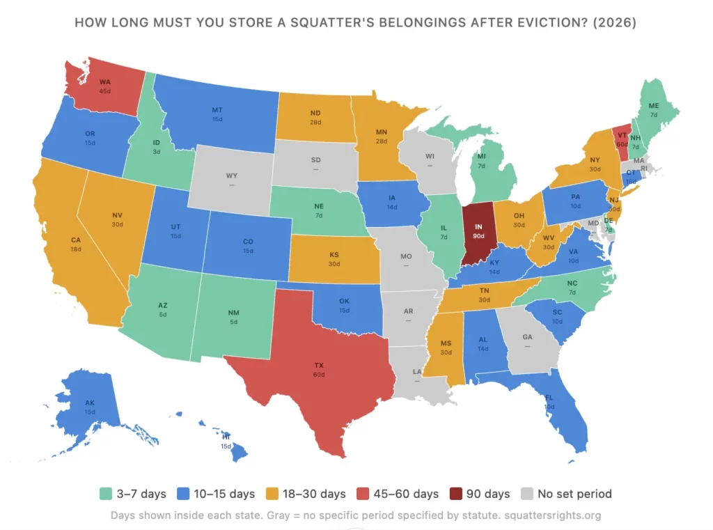 US map showing squatter belongings holding periods by state — from 3 days in Idaho to 90 days in Indiana (2026)